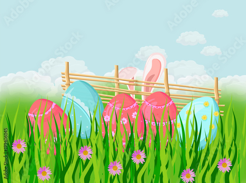 Easter holiday background with cute rabbit ears and eggs in the grass Vector