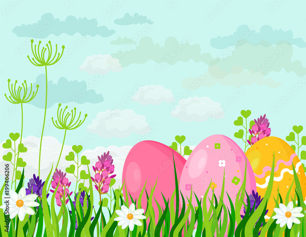 Happy Easter eggs card Vector holiday green background illustration