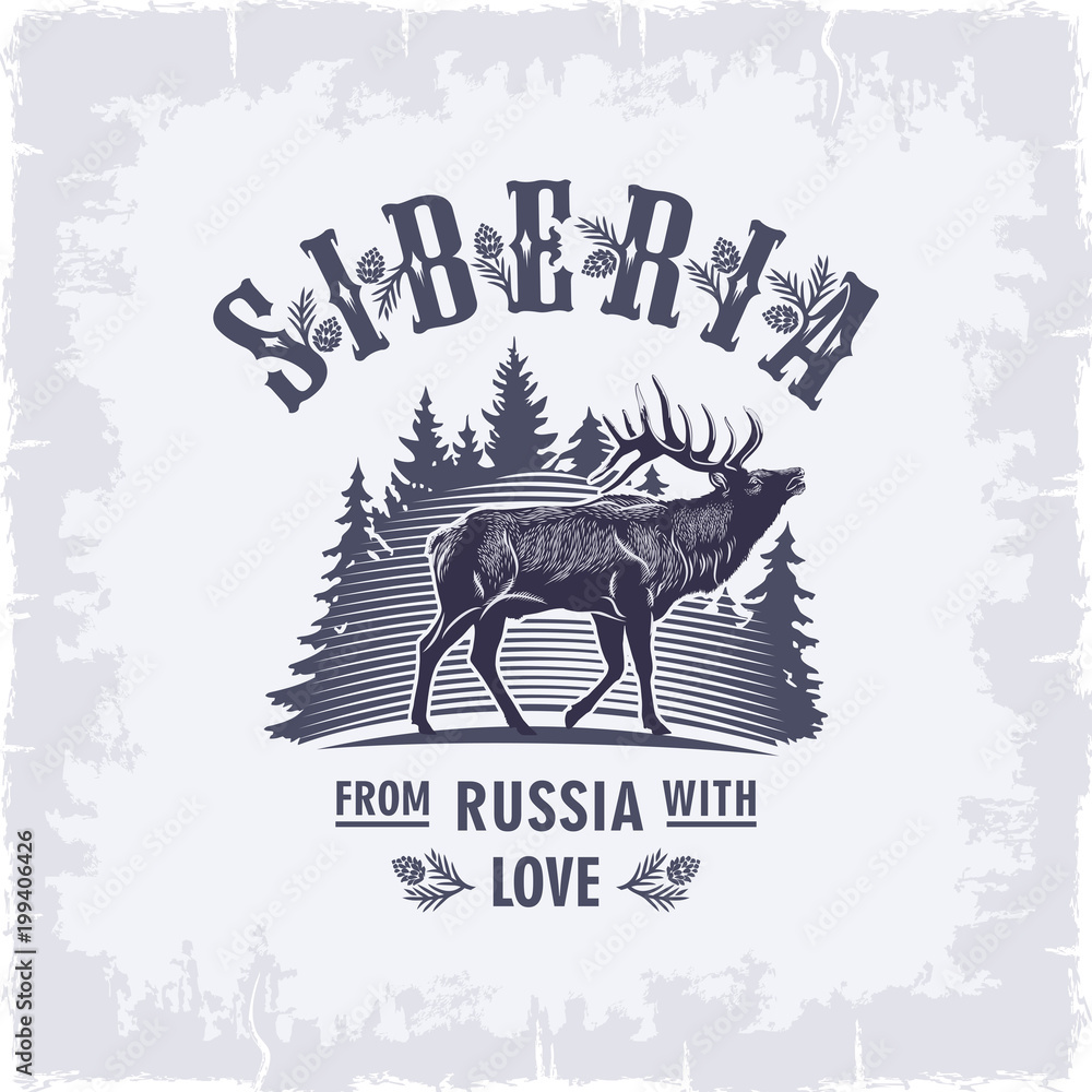 Сибирь, Олень Марал на фоне елей в синем цвете, Россия, любовь, винтаж,  иллюстрация Stock Illustration | Adobe Stock