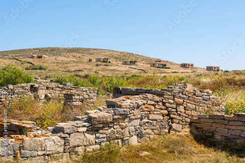 Ancient ruins on Delos island, the most big archaeological site of Cyclades archipelago. Greece.