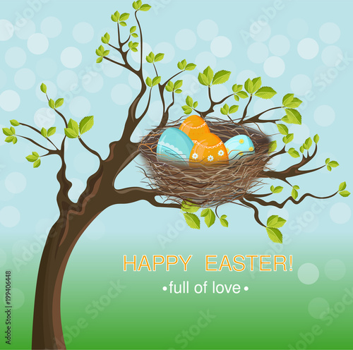 Easter holiday card with Eggs nest Vector. Spring themes