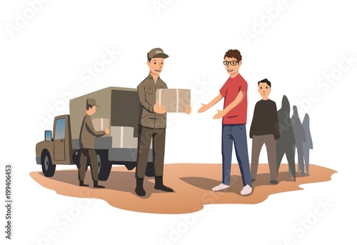 Military or volunteers distribute boxes with humanitarian aid. The distribution of food and basic necessities. Vector illustration, isolated on white background.