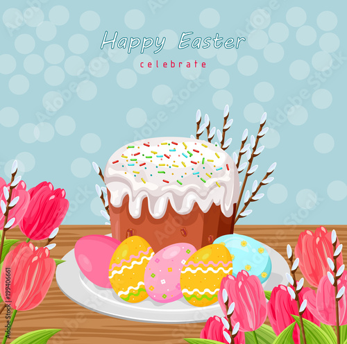Easter holiday card with eggs and sweet bread Vector