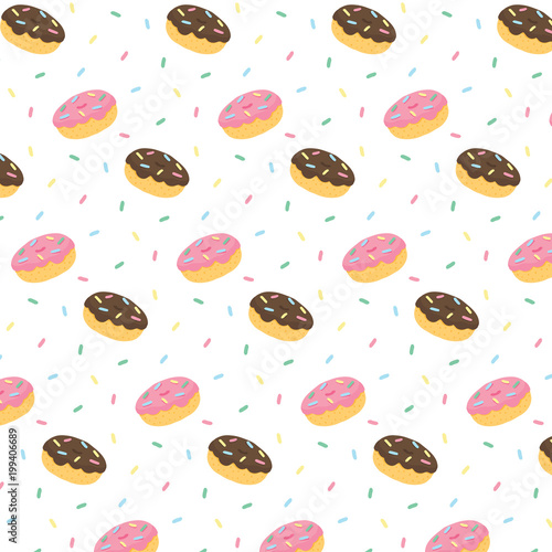 Hand drawn vector illustration of donut chocolate frosting and pink icing with colorful  sweaty sprinkles pattern.
