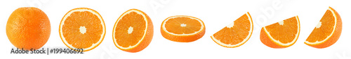 Collection of whole and sliced orange fruits on white background isolated with clipping path