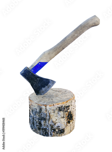 Photos old ax in a wooden chock