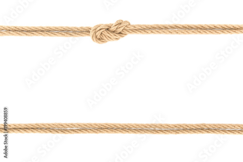 top view of arranged nautical ropes with knot isolated on white