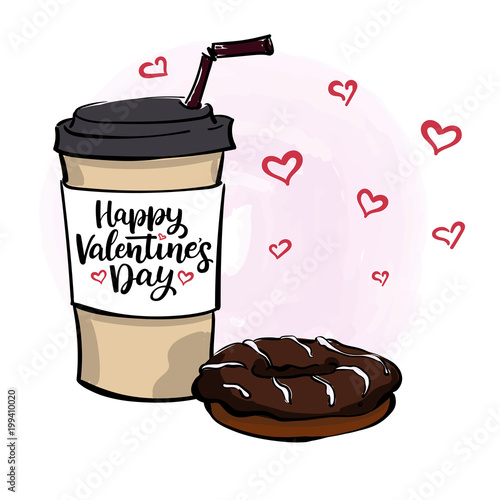 illustration with coffee to go cup, chocolate donut, lettering