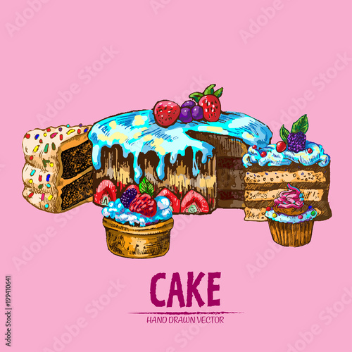 Digital vector detailed line art sliced cake
