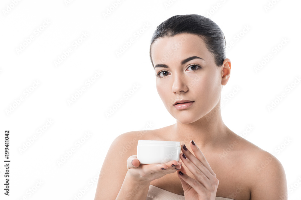 beautiful girl holding jar with moisturizing cream isolated on white beautiful girl holding jar with moisturizing cream isolated on white