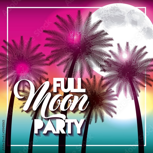 full moon party summer beach palms shine vector illustration