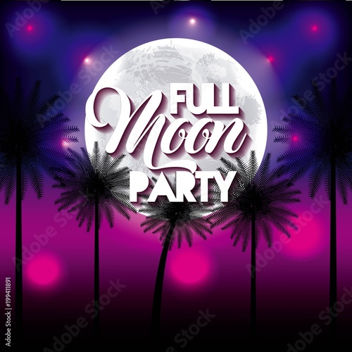 full moon party summer night celebration palms pink background vector illustration