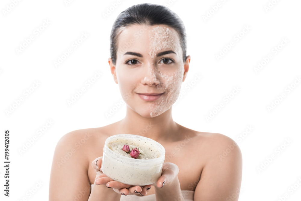 beautiful girl showing roses scrub isolated on white beautiful girl showing roses scrub isolated on white