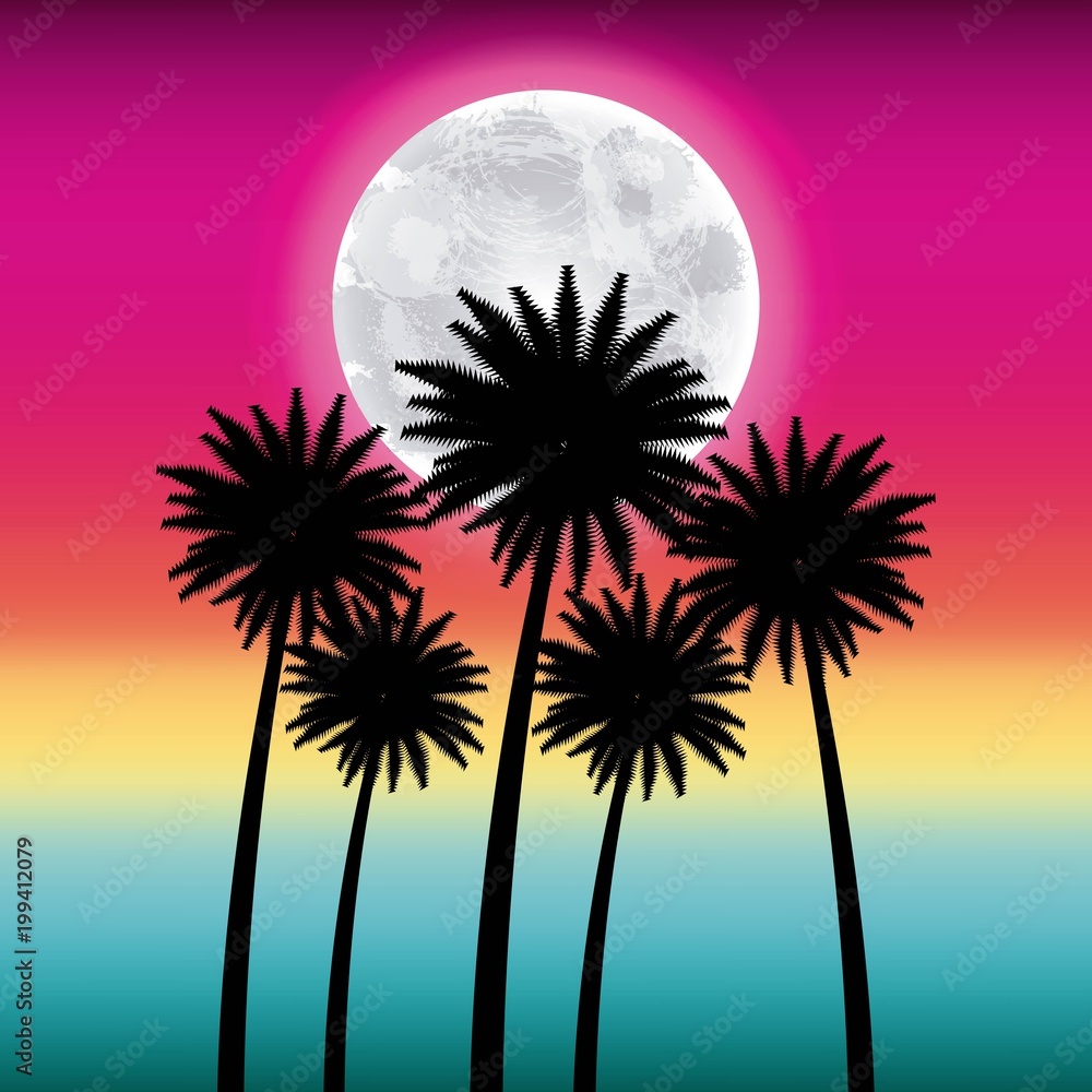 full moon party summer pink background high palms moon vector illustration