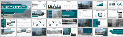 Original presentation templates. Set. green, blue, elements of infographics, white background. Flier, postcard, corporate report, marketing, advertising, banner.Slide show, slide for brochure, booklet