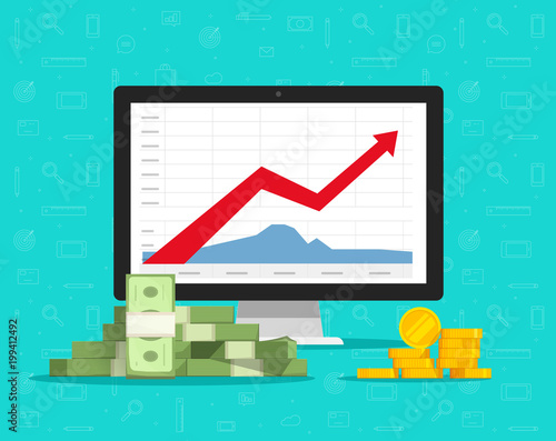 Stock market graphs trading software app on computer money vector illustration, flat cartoon pc monitor stocks charts growth arrow, concept  success financial trading profit, good strategy income