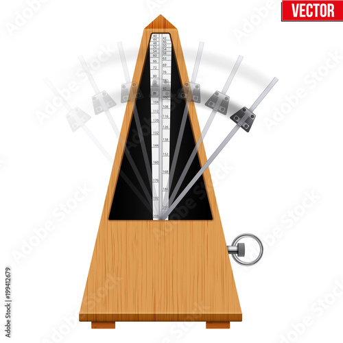 Classic Metronome with pendulum in motion. Vintage wooden style. Equipment of music and beat mechanism. Vector Illustration isolated on white background.