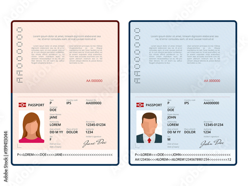 Vector Blank open passport template. International passport with sample personal data page. Document for. Isolated vector illustration