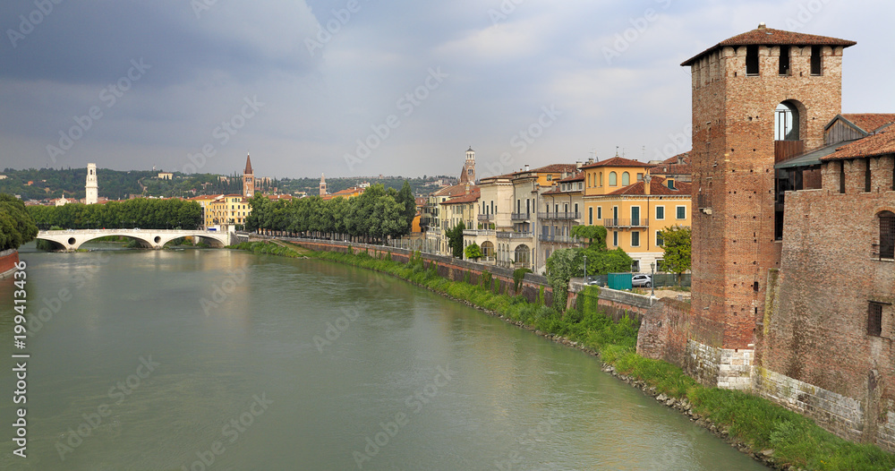 Verona, Italy - historic city center with Castello Castelvecchio Castle of the Della Scala family and Ponte della Vittoria bridge over the Adige river