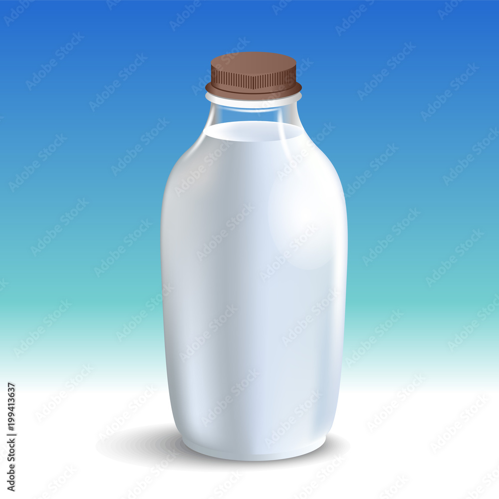 White glossy plastic bottle with screw cap for dairy products milk, drink yogurt, cream, dessert. Realistic packaging mockup template. Front view. Vector illustration. White glossy plastic bottle with screw cap for dairy products milk, drink yogurt, cream, dessert. Realistic packaging mockup template. Front view. Vector illustration.