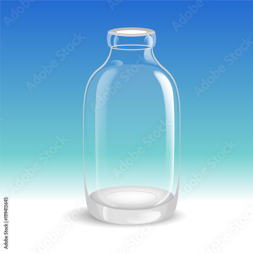 Template of empty tall transparent glass bottle, filled with distilled water or salt solution. Packaging collection. Vector illustration.