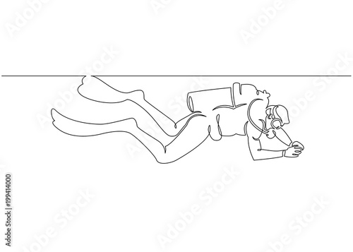 Continuous single one drawn scuba diver line underwater in the sea. The concept of sport is a journey of scuba diving.