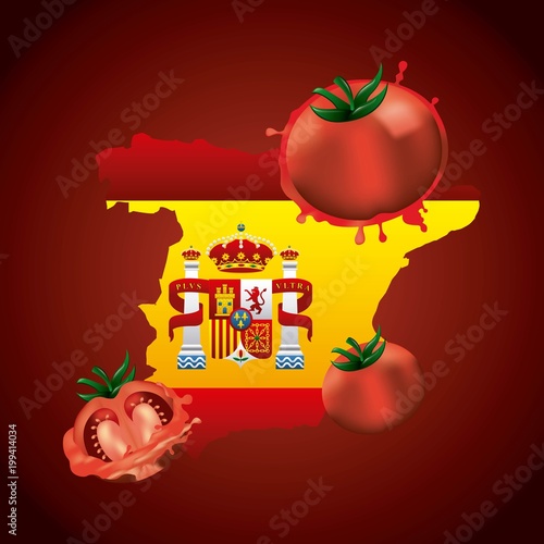 la tomatina tomato smash festival spain map flags emblem vector illustration photo