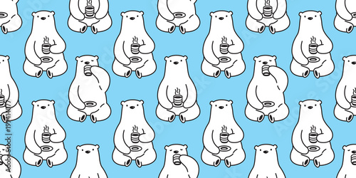bear Seamless pattern vector polar bear coffee tea isolated repeat wallpaper background blue