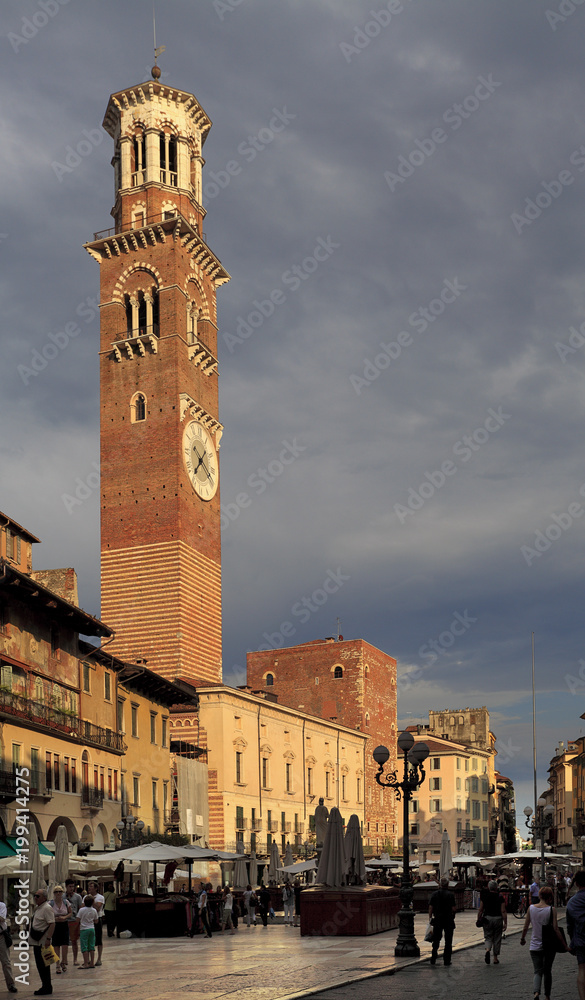 Verona, Italy - historic city center - Torre dei Lamberti Tower at the Piazza Erbe Square