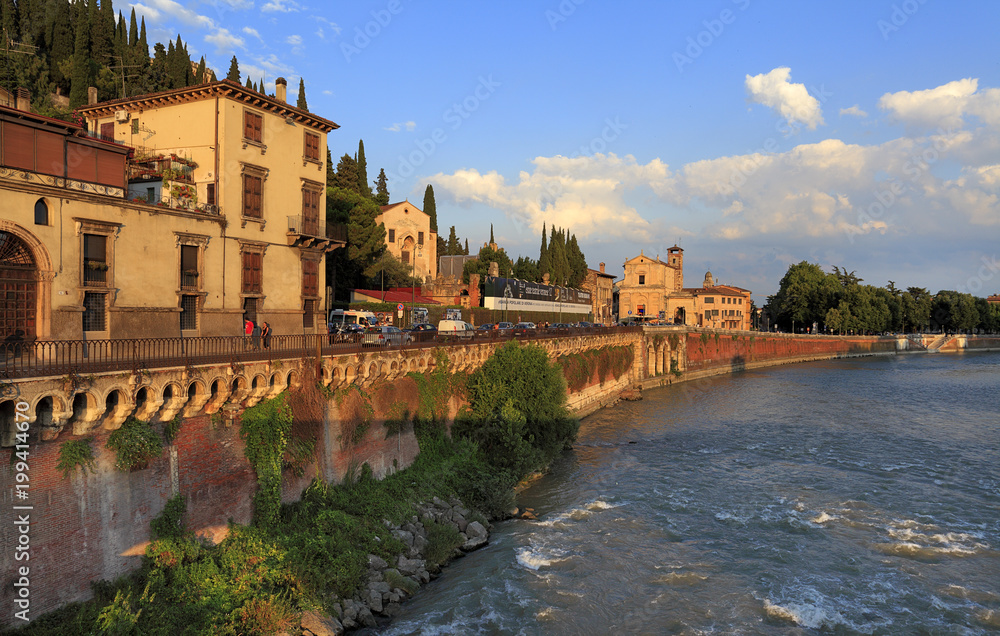 Verona, Italy - historic city center - St. Peter hill and Castel with Archeological Museum and ancient Roman Theater at Adige river