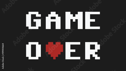 A cute gentle Game Over text message on a computer screen, 8 bit blocky characters with a red heart replacing a letter. Retro vintage old-time good-times flavor. 