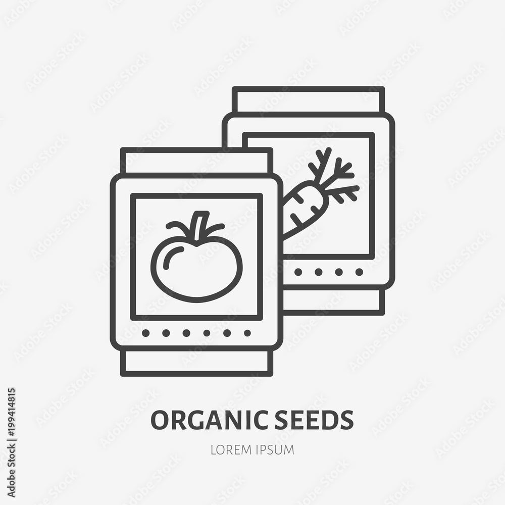 Organic seeds flat line icon. Gardening, vegetables growing sign. Thin linear logo for farm, agriculture.