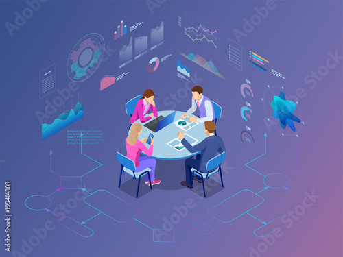 Isometric business people talking conference meeting room. Team work process