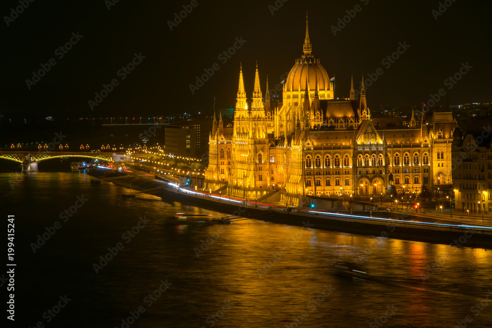 Scenic night scape of Hungarian Parliament Building in Budapest, Hungary.