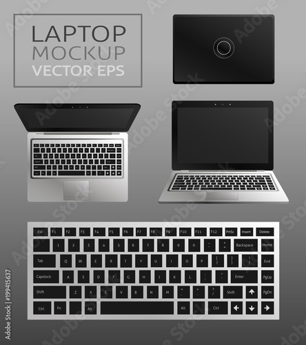 laptop flat mockup in front and top views. Minimal flat design for websites, business, marketing, advertising and commercial. Laptop icons on light background. Isolated keybord with black buttons.