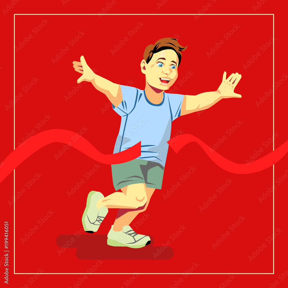 Flat vector illustration with boy running to red ribbon