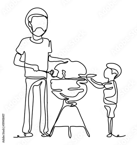 Family having a barbecue party, father and son standing around the grill. Continuous line drawing. Vector monochrome, drawing by lines. Happiness in the Everyday