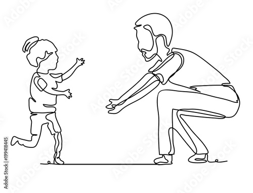 Pretty cute girl running to her father. Continuous line drawing. Vector monochrome, drawing by lines. People in the Park. Family concept. Happiness in the Everyday