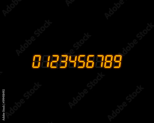 Realistic glowing vector shiny digital numbers set on dark black background