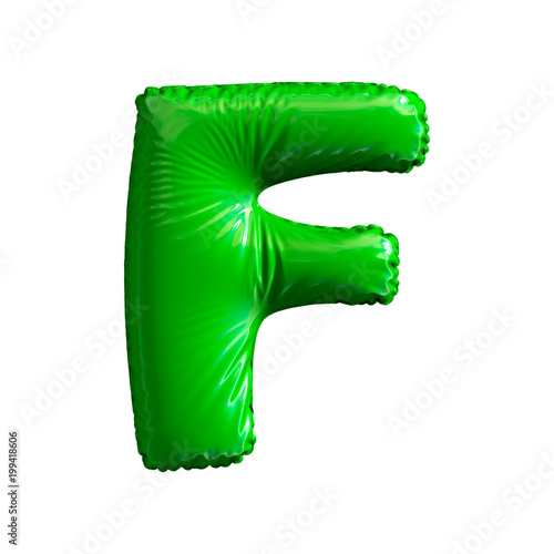 Green letter F made of inflatable balloon isolated on white background photo