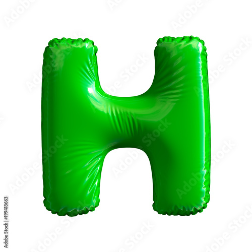 Green letter H made of inflatable balloon isolated on white background photo