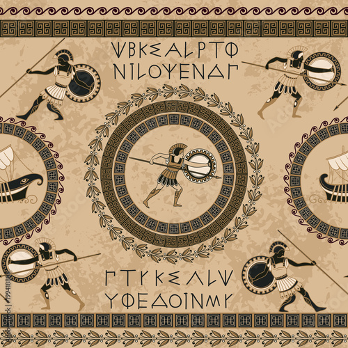 Seamless pattern with ancient greek letters, ships, fighting people and ornament. Traditional ethnic background. Vintage vector illustration 