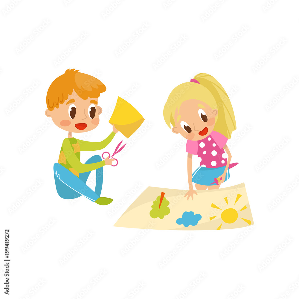 Cute little boy and girl cutting application details, kids creativity, education and development concept vector Illustration on a white background Cute little boy and girl cutting application details, kids creativity, education and development concept vector Illustration on a white background
