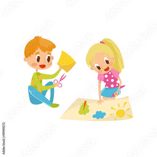 Cute little boy and girl cutting application details  kids creativity  education and development concept vector Illustration on a white background