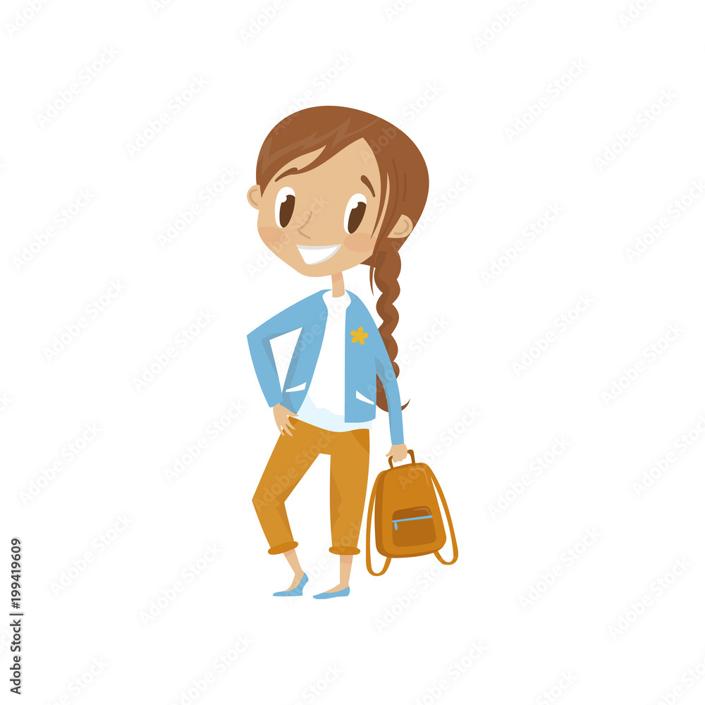 Lovely cartoon girl character in blue jacket and trousers, cute kid in
