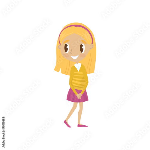 Lovely blonde cartoon girl character in yellow jacket and pink skirt, cute kid in fashionable clothes vector Illustration on a white background