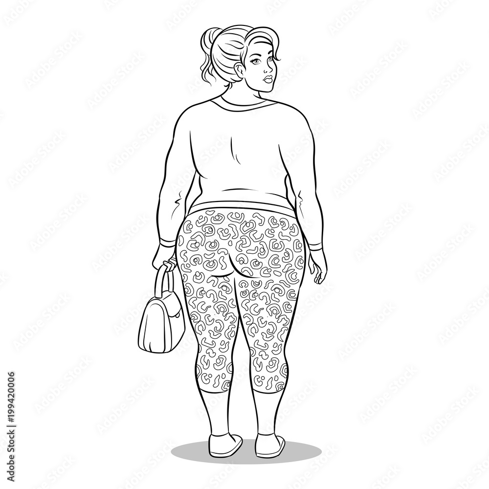 Fat girl in leopard leggings coloring book vector Stock Vector
