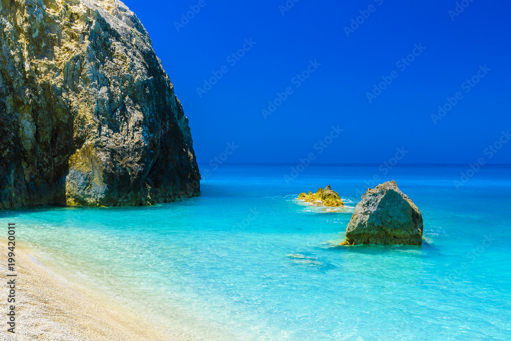 Blue lagoon at Egremni beach on the Ionian sea, Lefkada island, Greece.