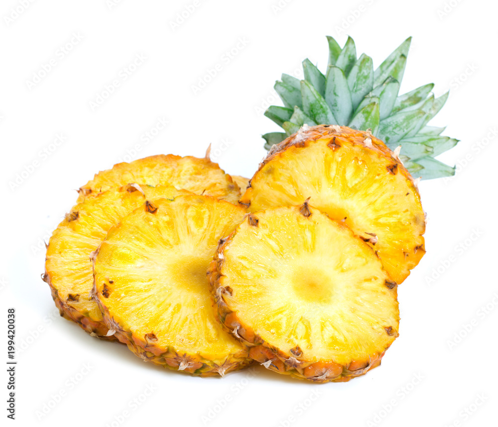 pineapple slices with fresh green leaves isolated on white background pineapple slices with fresh green leaves isolated on white background