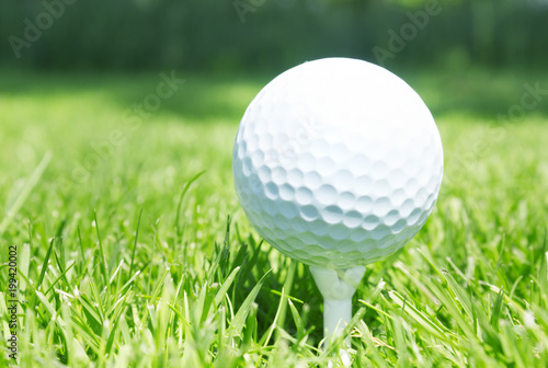 White golf ball on tee in grass